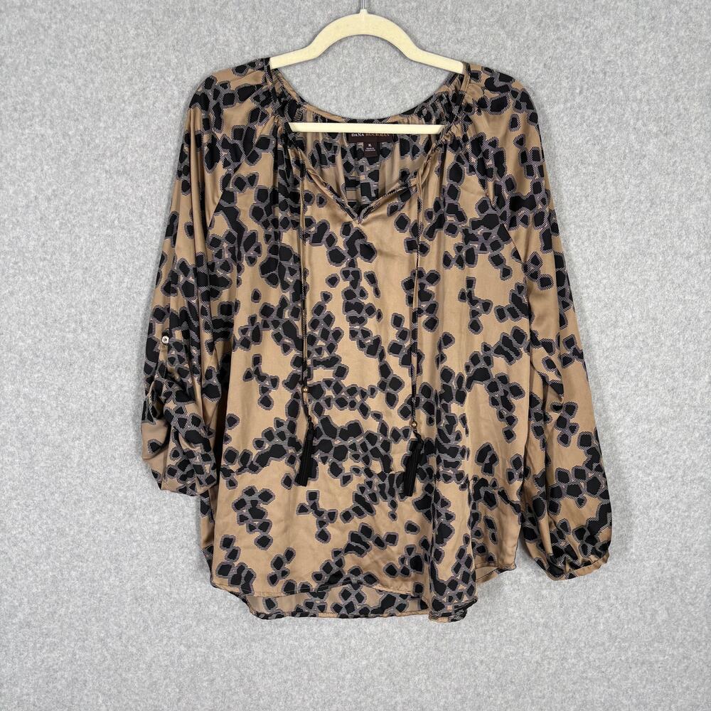 Dana Buchman Blouse Womens XL Champagne Black Satin Flowy Loose‎ Popover Tassels
